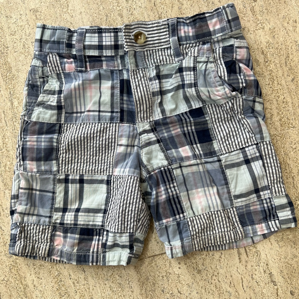 Janie and Jack Plaid Patchwork Shorts - Blue, Gray, Pink
